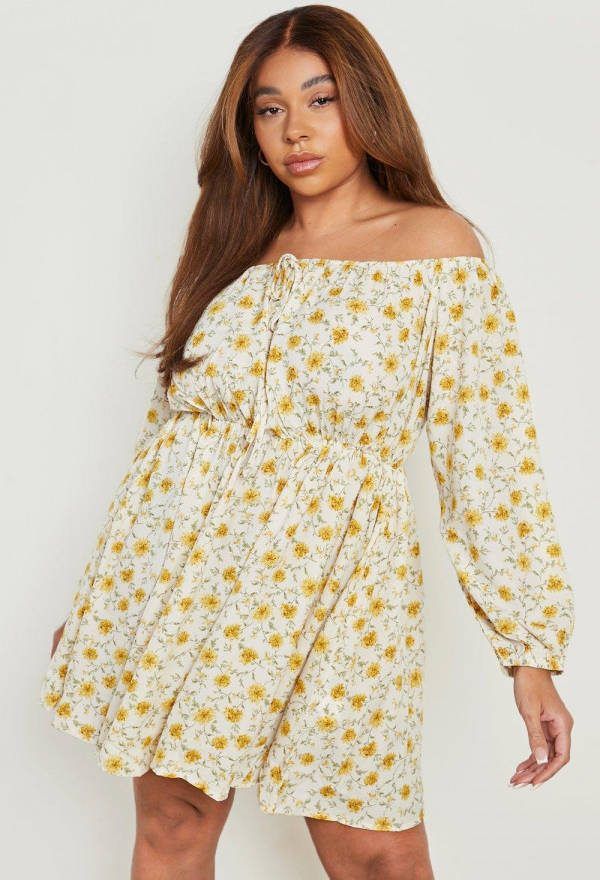 boohoo Plus Off Shoulder Bloemen Skater Jurk, Yellow
