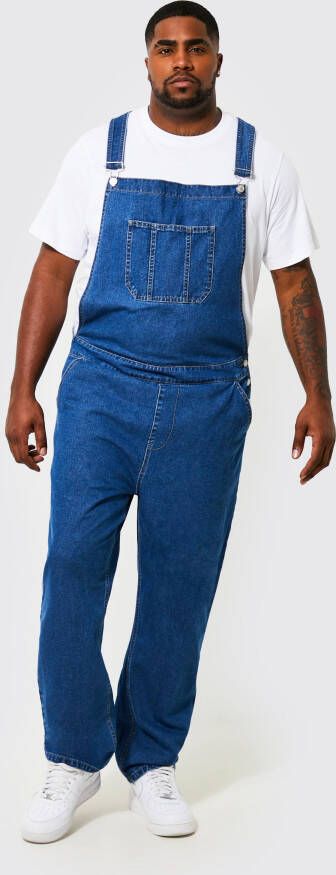 boohoo Plus Onbewerkte Lange Slim Fit Tuinbroek, Mid Blue