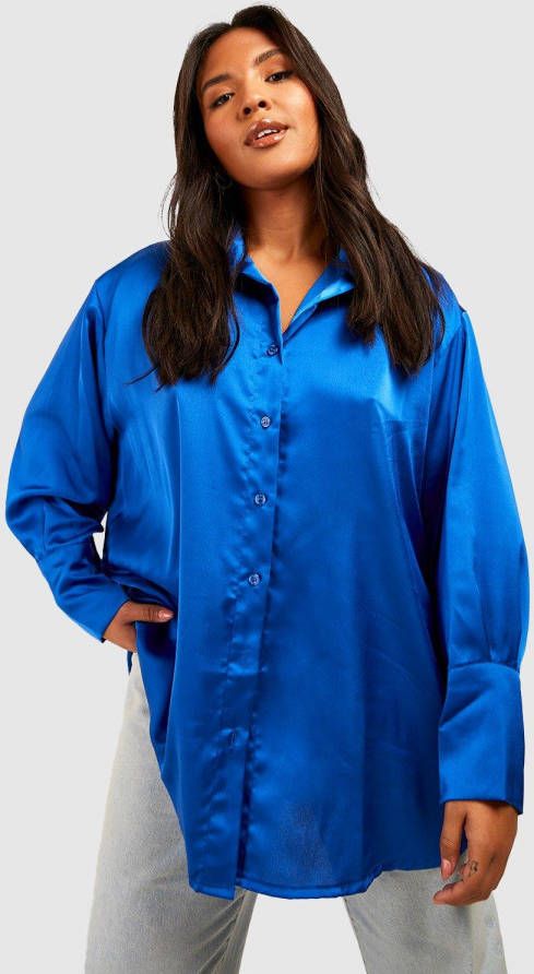 boohoo Plus Oversized Satijnen Blouse, Cobalt