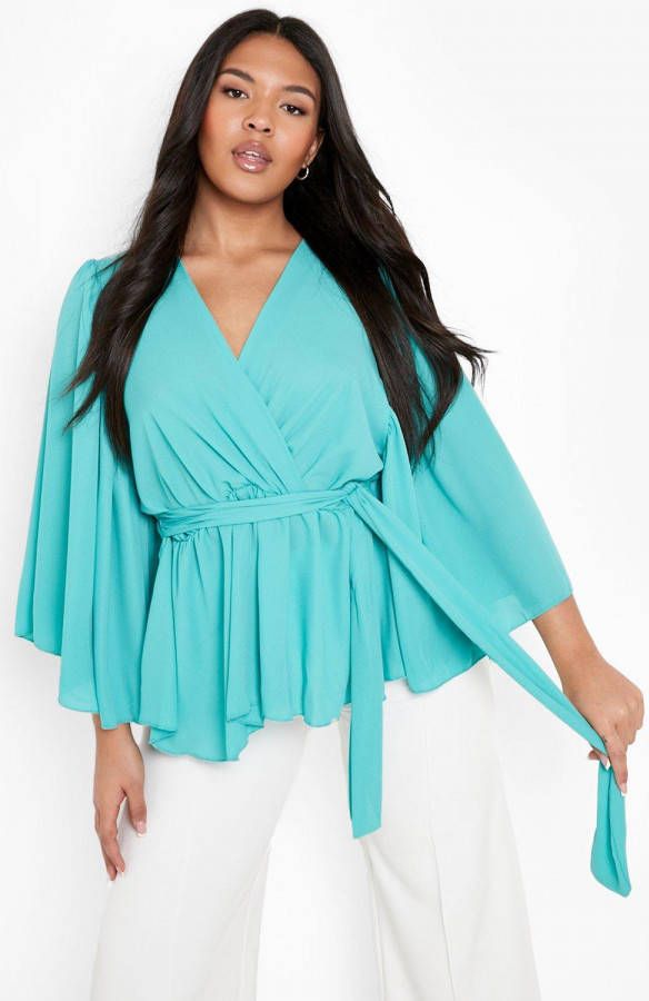 boohoo Plus Peplum Wikkel Blouse Met Engelenmouwen, Aqua