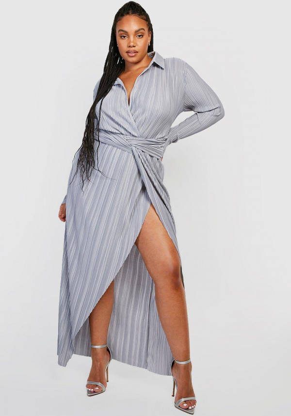 boohoo Plus Plisse Gedraaide Maxi Jurk Met Riem, Silver