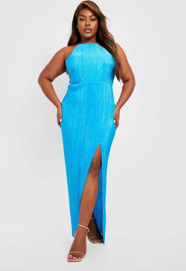 boohoo Plus Plisse Geplooide Met Hoge Split Maxi Jurk, Cobalt