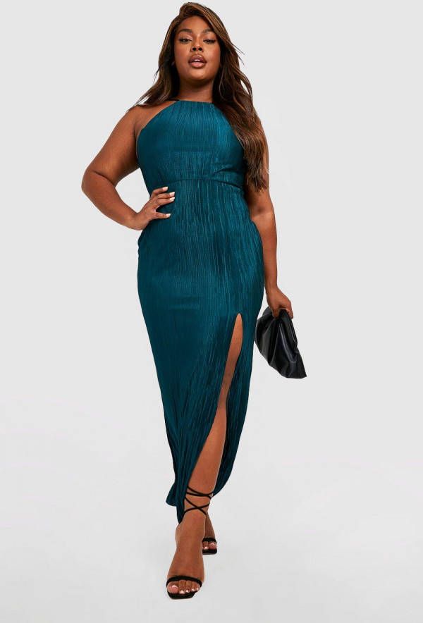 boohoo Plus Plisse Geplooide Met Hoge Split Maxi Jurk, Dark Green
