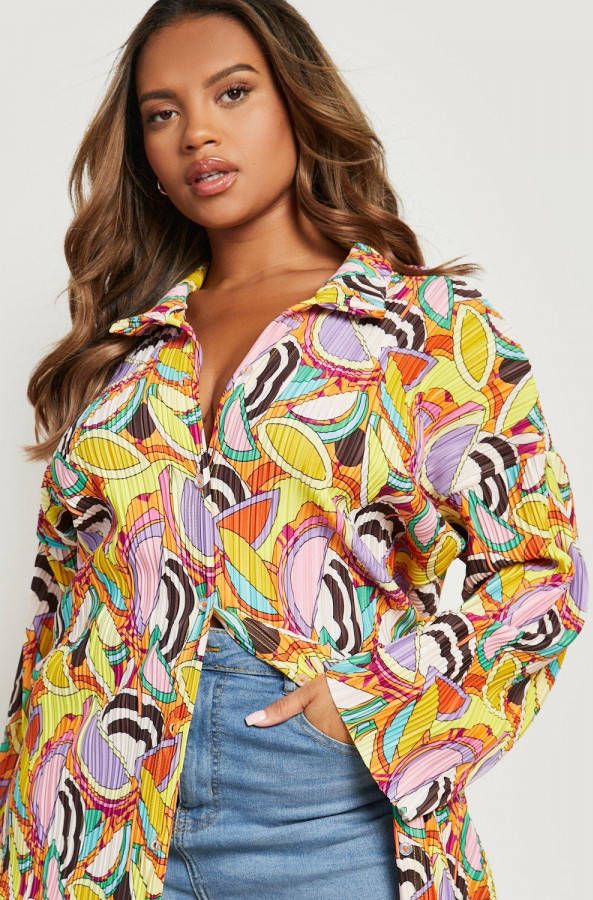 boohoo Plus Plisse Premium Blouse Met Golvende Print, Multi