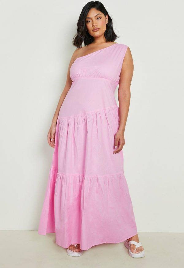 boohoo Plus Poplin Maxi Jurk Met Eé, n Blote Schouder, Pink
