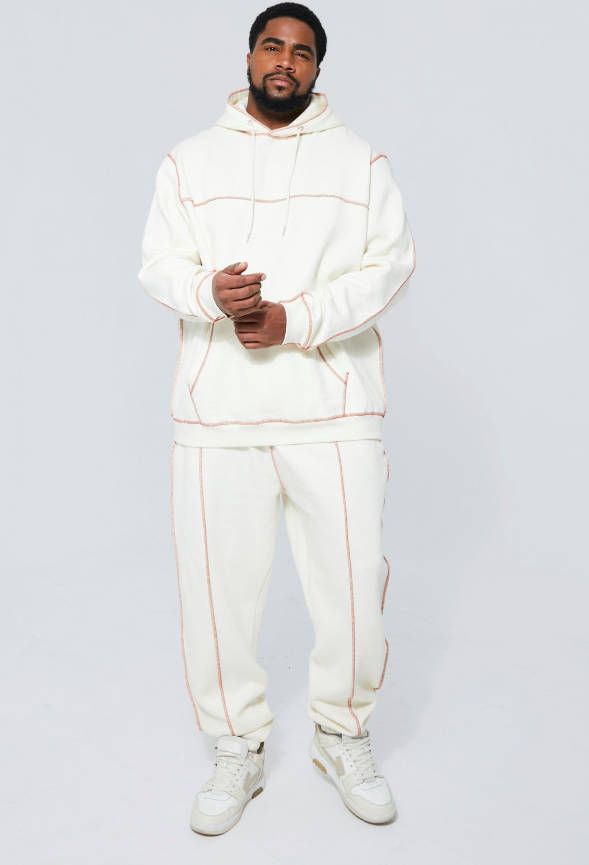 boohoo Plus Regular Fit Trainingspak Met Contrasterende Stiksels, Ecru