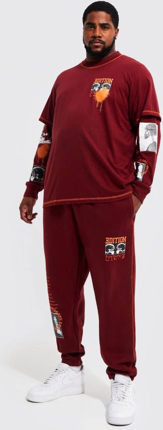 boohoo Plus Regular Fit Trainingspak Met Neplaag En Foto, Burgundy