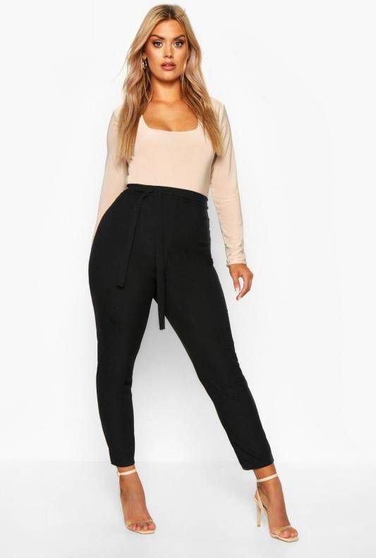 boohoo Plus Geribbelde Toelopende Broek Met Hoge Taille En Ceintuur, Steenrood