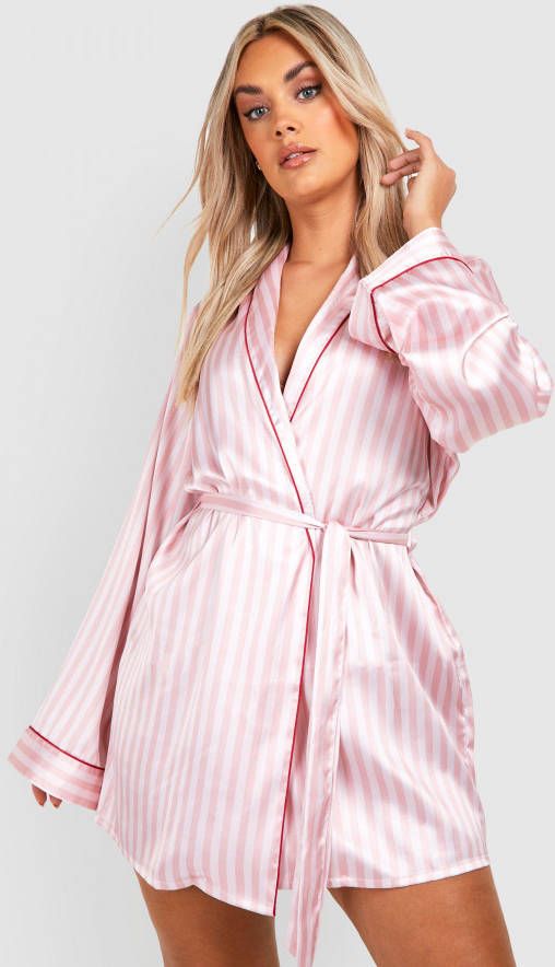 boohoo Plus Roze Gestreepte Badjas Met Contrasterende Biezen, Pink