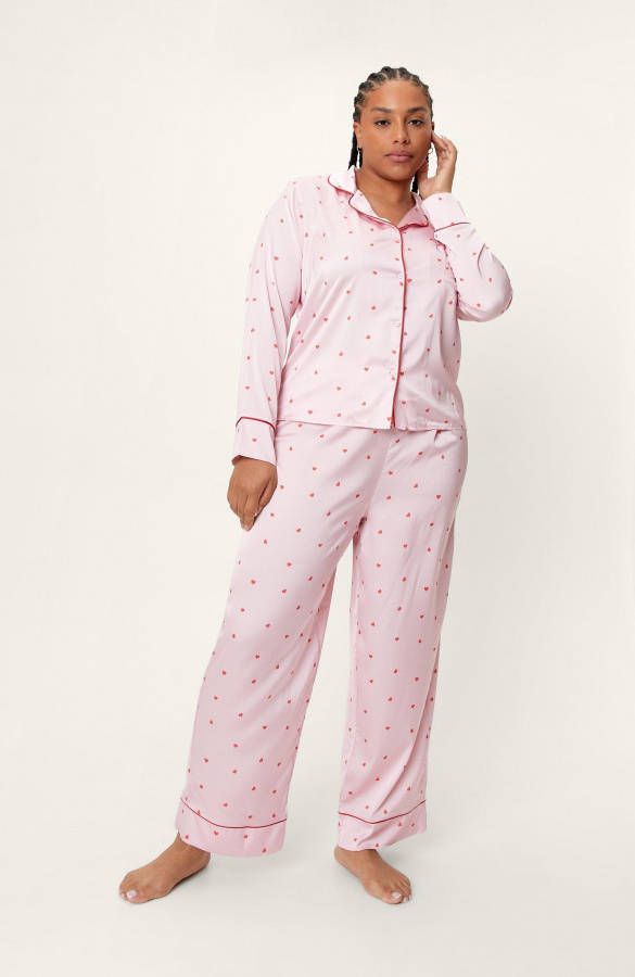 boohoo Plus Satijnen 6 Delige Hartjes Print Pajama Set, Pink