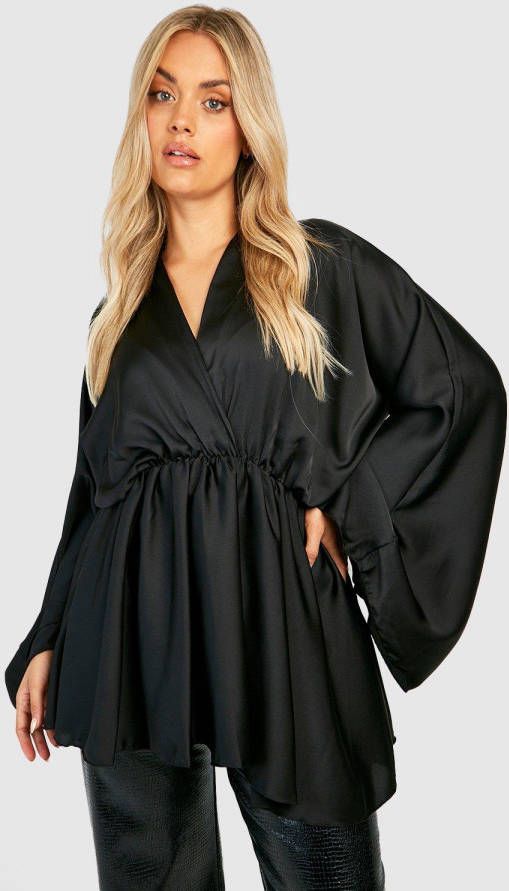 boohoo Plus Satijnen Blouse Met Kimono Mouwen, Black