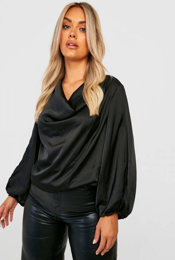 boohoo Plus Satijnen Blouse Met Waterval Hals, Black