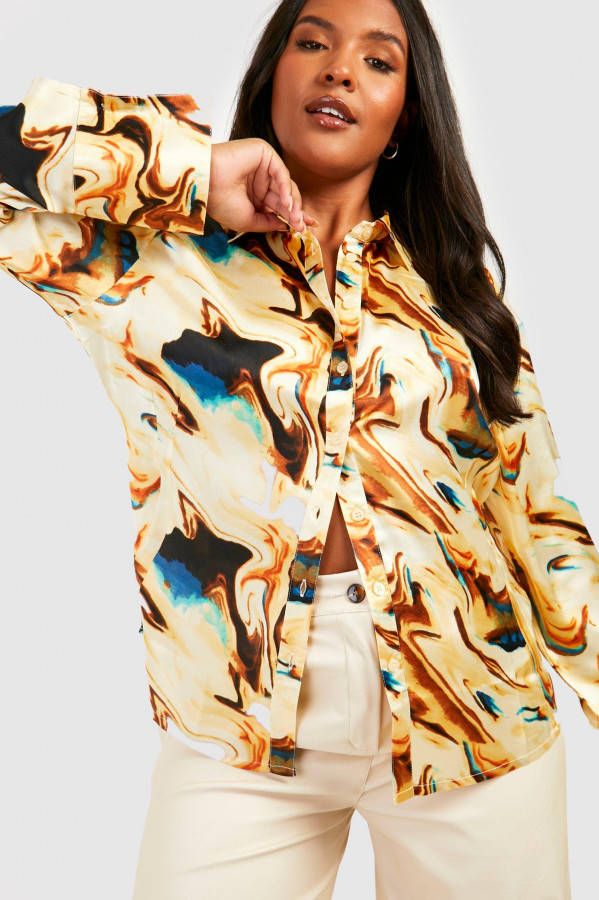 boohoo Plus Satijnen Marmerprint Blouse, Multi
