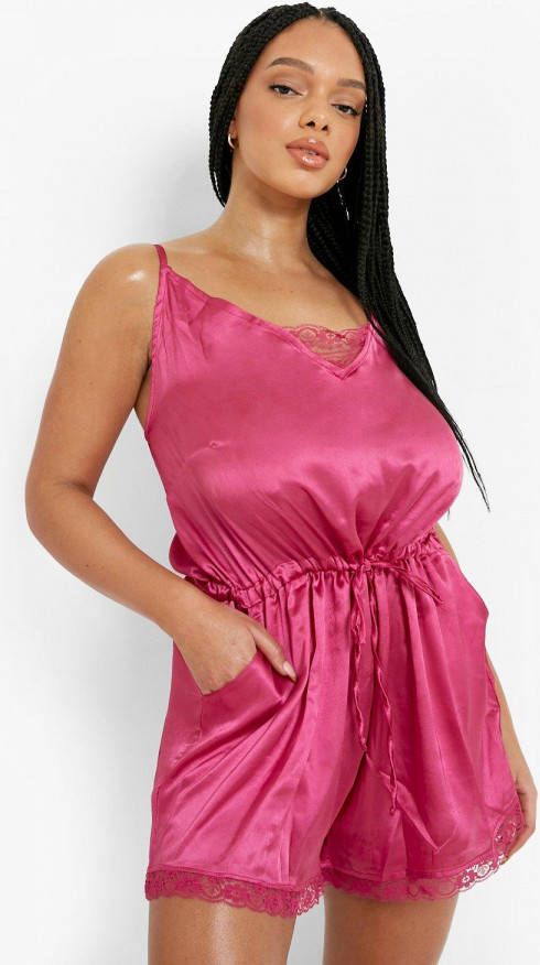 boohoo Plus Satijnen Romper Met Touwtjes, Pink