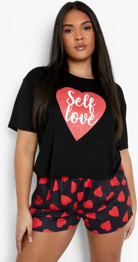 boohoo Plus Self Love Hartjes Pyjama Set Met Shorts, Black