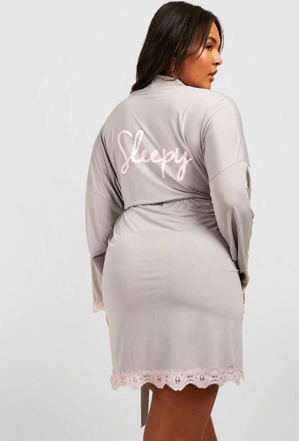 boohoo Plus Sleepy Badjas Met Kanten Zoom, Grey
