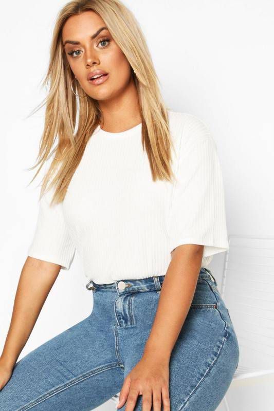 boohoo Plus Zacht Oversized Geribbeld T Shirt, Ivoor