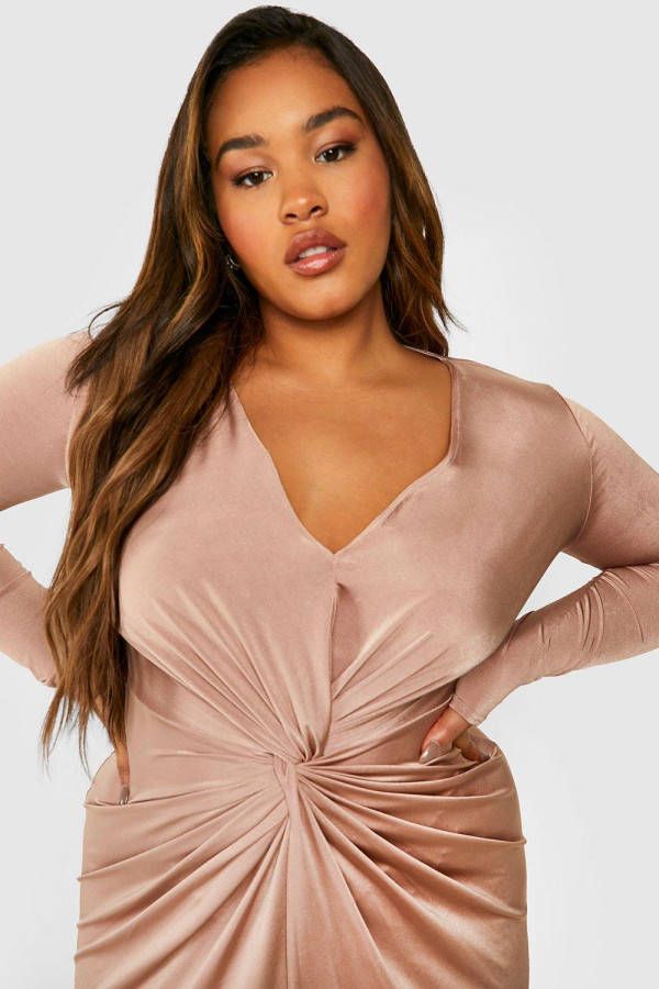 boohoo Plus Strakke Gedraaide Maxi Jurk Met Voorsplit, Stone