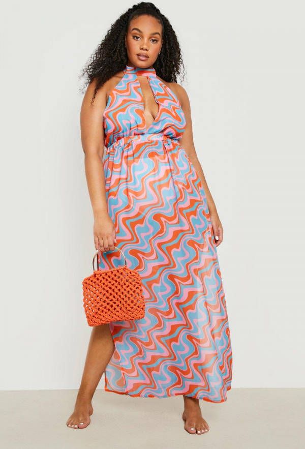 boohoo Plus Strand Jurk Met Golvende Print, Multi