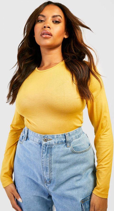 boohoo Plus Top Met Ronde Hals En Lange Mouwen, Mustard