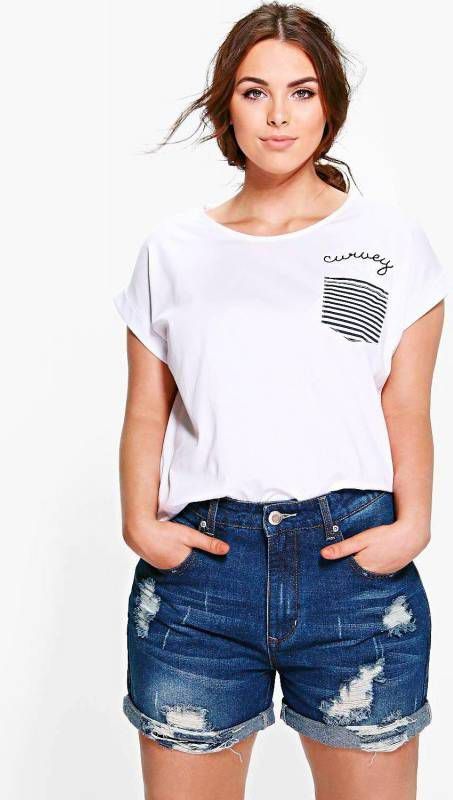 boohoo Plus Denim Shorts Met Omgeslagen Zoom, Blauw