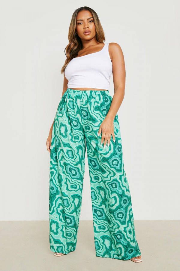 boohoo Plus Wide Leg Broek Met Abstracte Print, Green