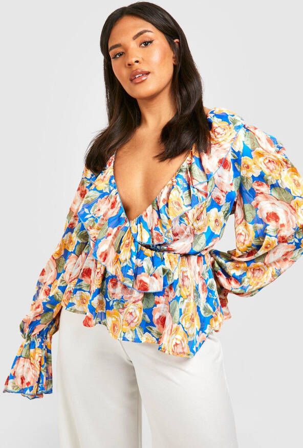 boohoo Plus Wikkel Bloemen Blouse Met Ruches, Blue