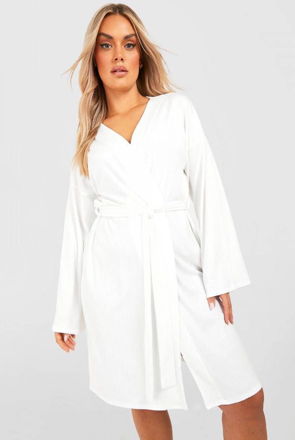 boohoo Plus Zachte Geribbelde Ochtendjas, Cream
