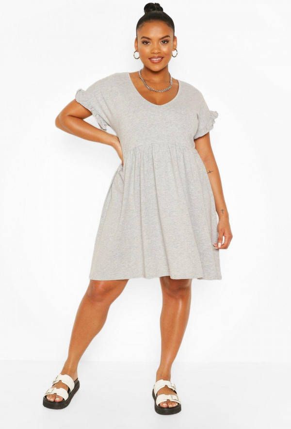 boohoo Plus Gesmokte Jurk Met V Hals En Ruches, Grijs Gemê, leerd