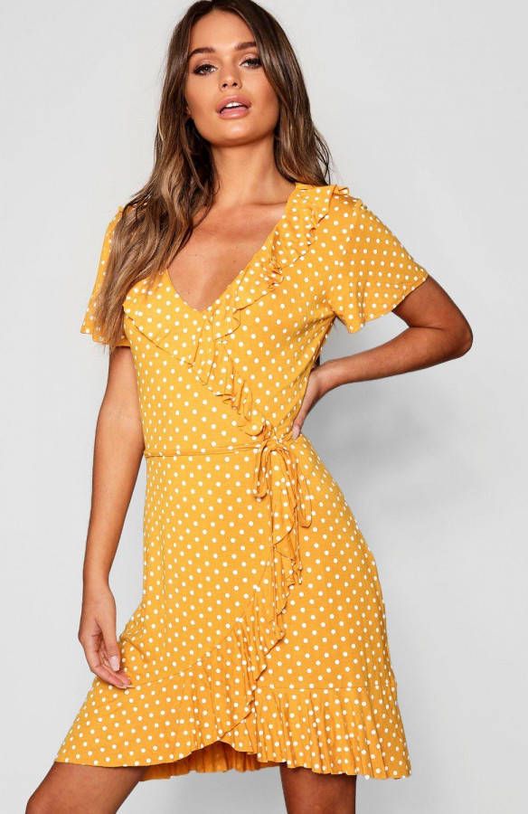 boohoo Wikkel Jurk Met Stippen En Ruches, Mosterd