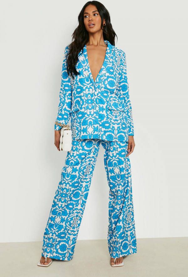 boohoo Porselein Print Wide Leg Broek, Bright Blue