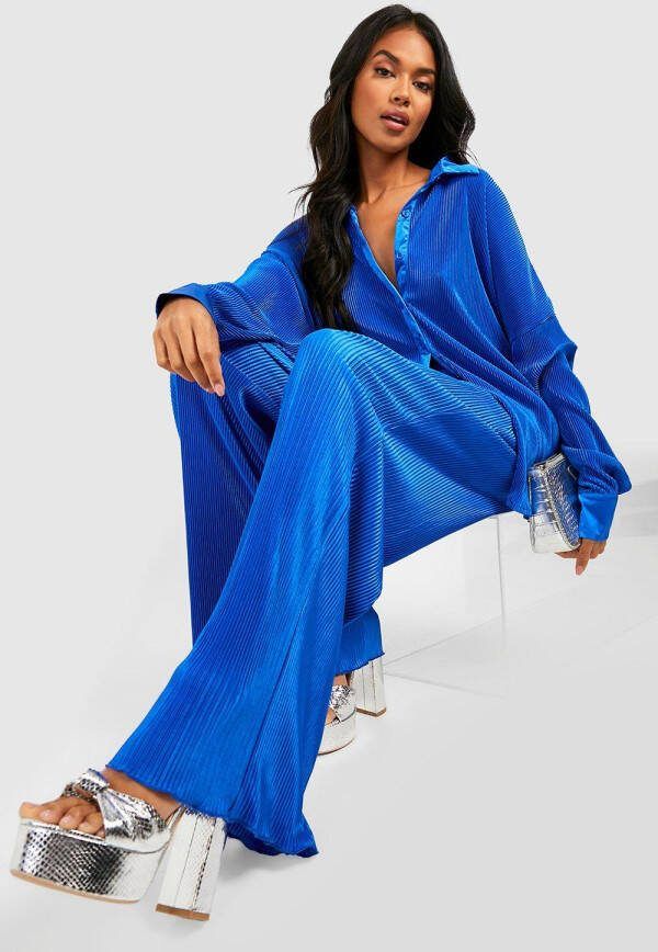 boohoo Premium Plisse Broek Met Wijde Zomen, Cobalt