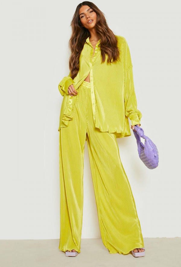 boohoo Premium Plisse Broek Met Wijde Zomen, Lime