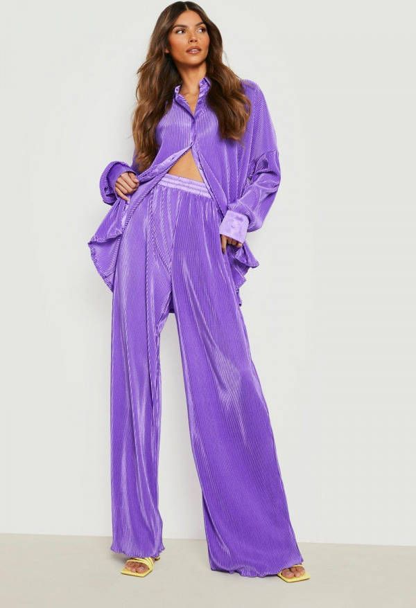 boohoo Premium Plisse Broek Met Wijde Zomen, Purple