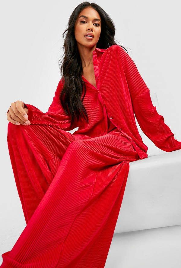 boohoo Premium Plisse Broek Met Wijde Zomen, Red