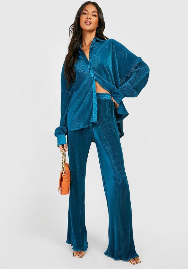 boohoo Premium Plisse Broek Met Wijde Zomen, Teal