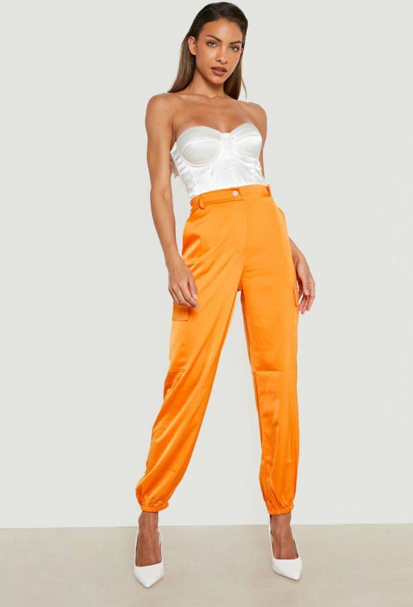 boohoo Premium Satijnen Cargo Joggingbroek, Orange