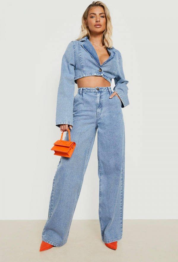 boohoo Getailleerde Premium Wide Leg Jeans, Mid Blue