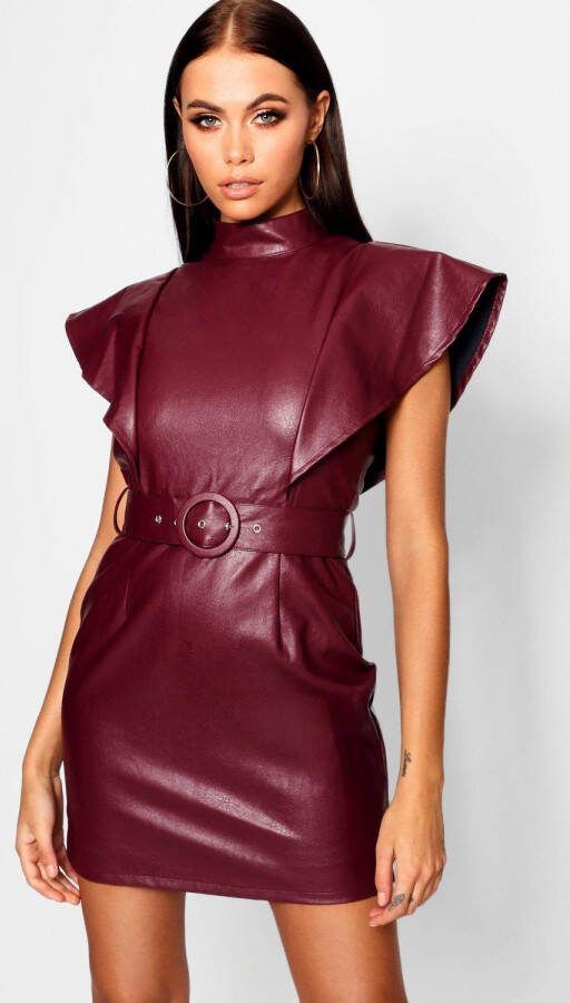 boohoo Pu Bodycon Jurk Met Ceintuur En Geplooide Schouders, Berry