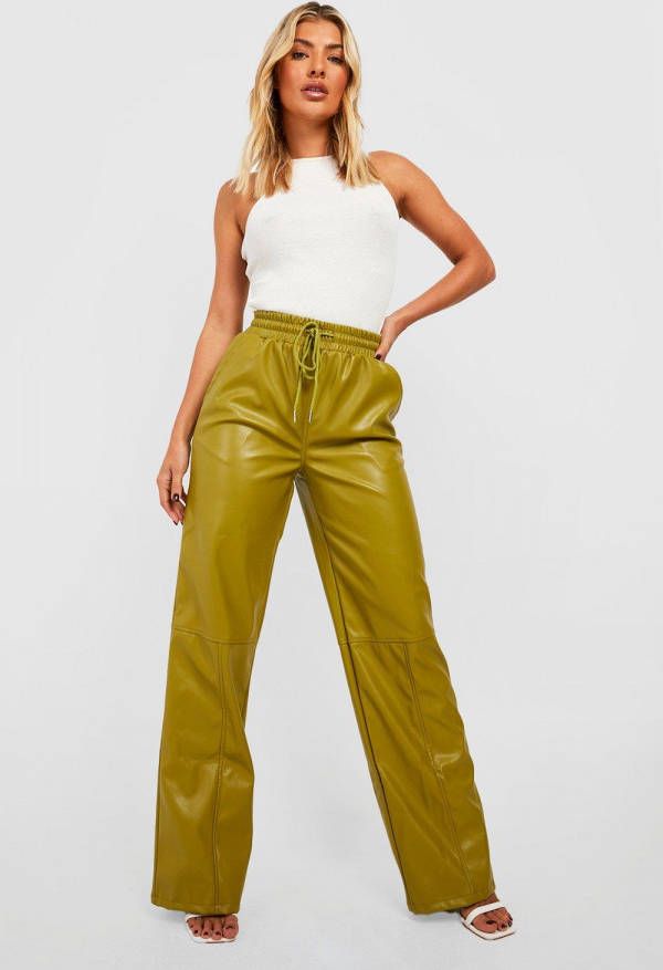 boohoo Pu Wide Leg Broek Met Touwtjes, Khaki