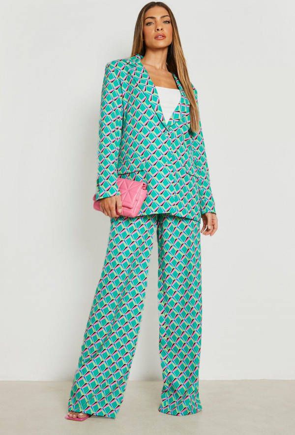 boohoo Retro Print Wide Leg Broek, Bright Green