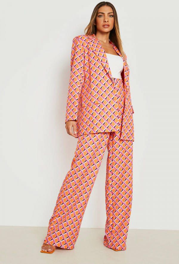 boohoo Retro Print Wide Leg Broek, Orange