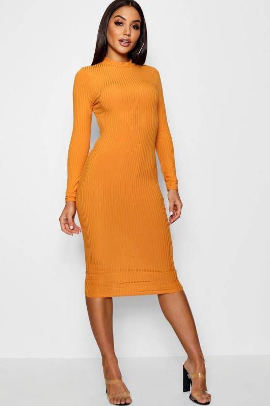 boohoo Geribbelde Midi Jurk Met Hoge Kraag En Lange Mouwen, Mosterd