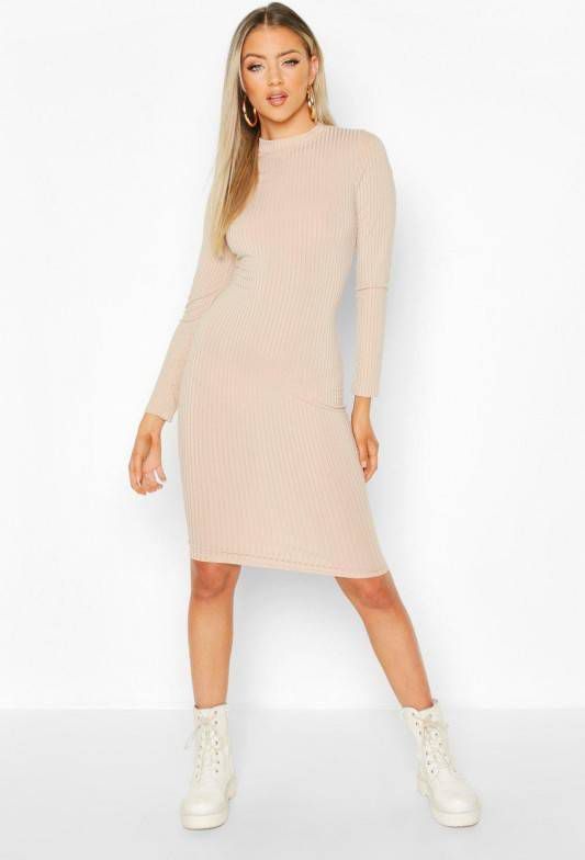 boohoo Geribbelde Midi Jurk Met Hoge Kraag En Lange Mouwen, Steenrood