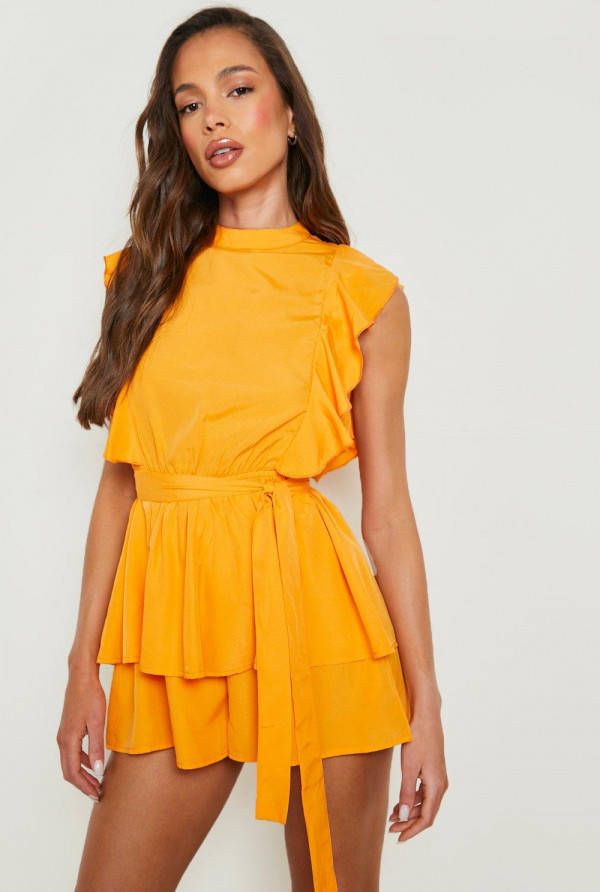 boohoo Romper Met Hoge Hals, Frandjes En Ceintuur, Orange