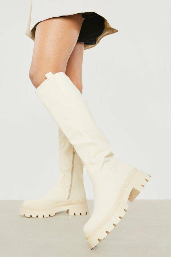 boohoo Rubberen Knielaarzen Met Teenkap, Cream