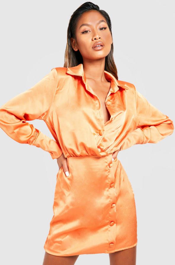 boohoo Satijnen Blouse Jurk Met Knoop Detail, Orange