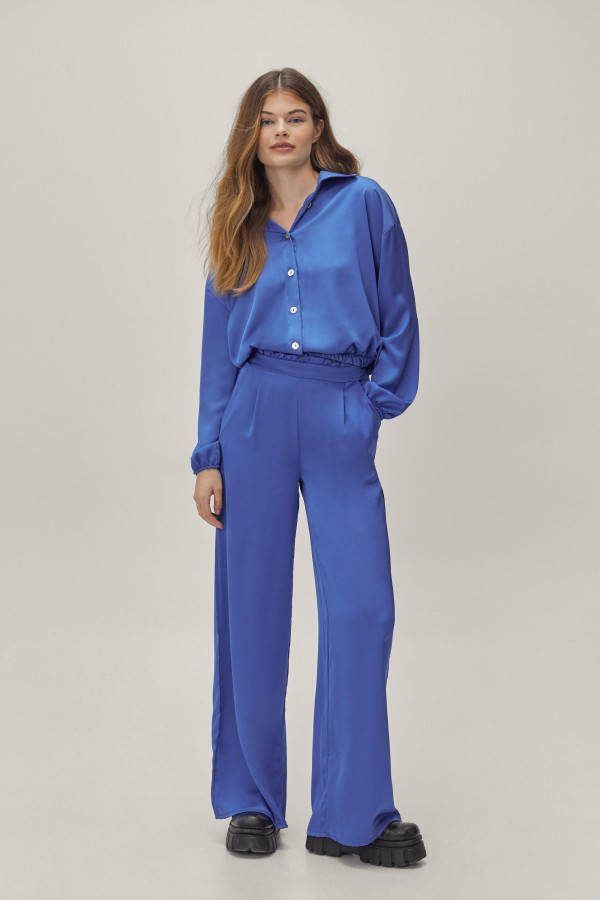 boohoo Satijnen Blouse Met Kraag En Wide Leg Broek Set, Cobalt