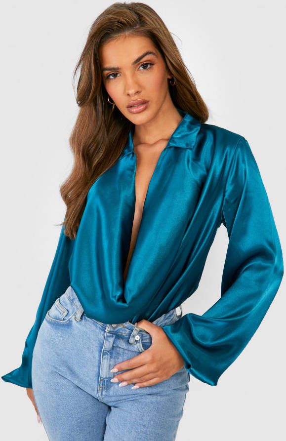 boohoo Satijnen Blouse Met Losse Col En Ballonmouwen, Teal