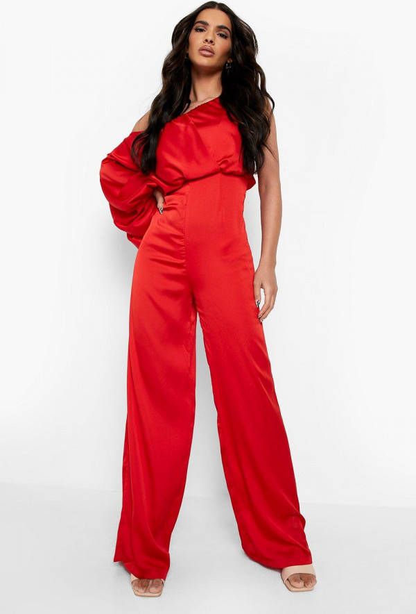boohoo Satijnen Cullotte Jumpsuit Met Ballonmouwen, Red